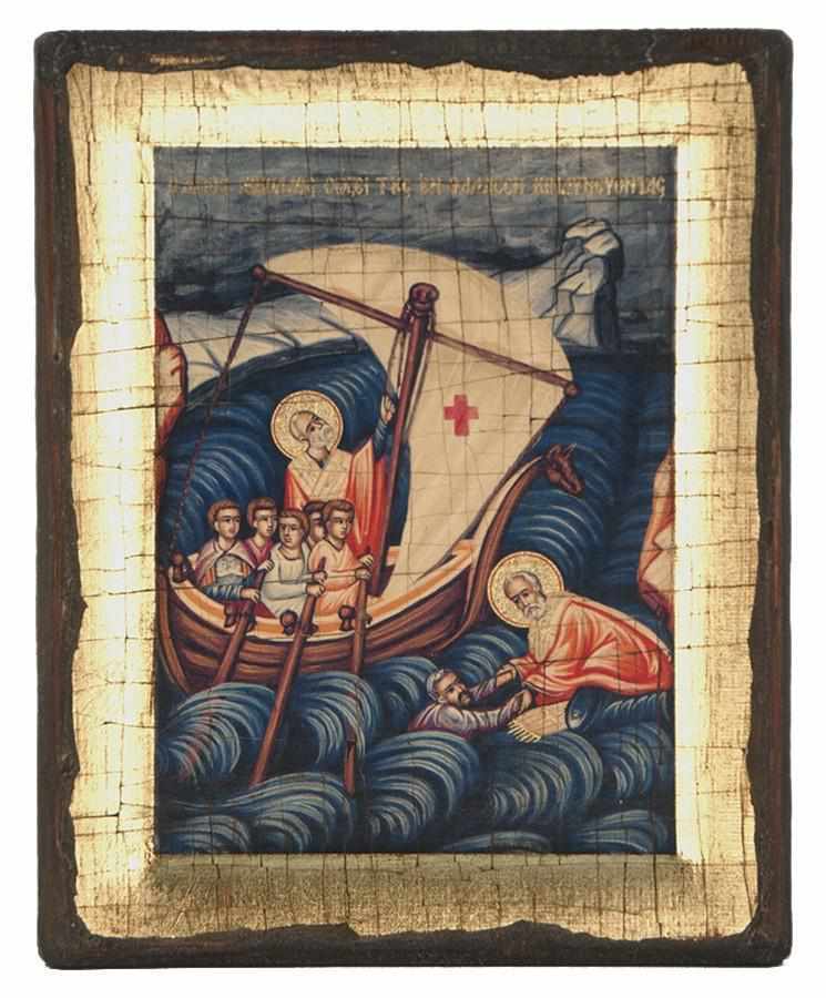 The Miracle of St. Nicholas - Engraved wooden aged image on canvas with golden background - Mount Athos — additional product image 5 from Christianity Art