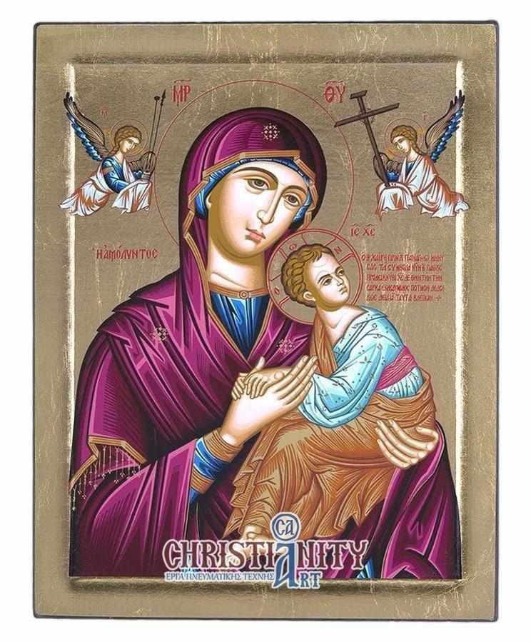 Virgin Mary of Passion - Engraved wooden image on canvas with golden background - Mount Athos