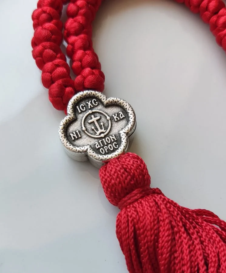 Athonite Waxed Prayer Rope with 50 Knots, Double-Sided Metal Cross & Tassel – Red — additional product image 3 from Christianity Art