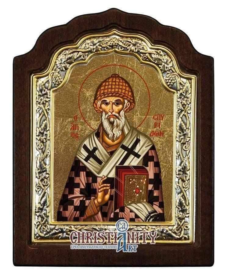 Saint Spyridon - Silver image in wood, locally gold plated - Mount Athos