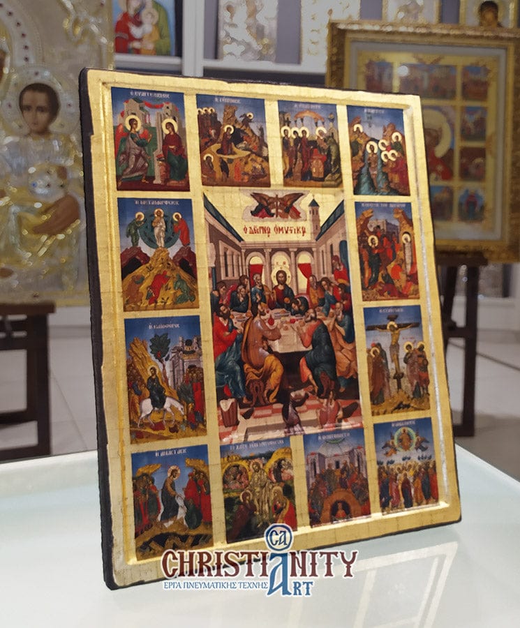 Composition of Dodekaortos icons - Engraved wooden image on canvas with golden background - Mount Athos — additional product image 3 from Christianity Art