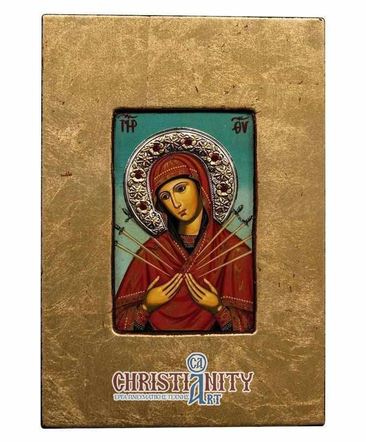 Virgin Mary with 7 Swords - Old wooden image with silver halo locally gold plated - Mount Athos