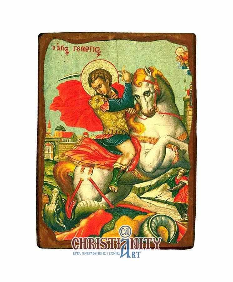 Saint George - Aged wooden image on canvas with gold background - Mount Athos