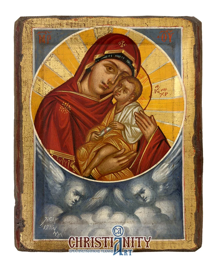 Virgin Mary Glylofilousa - Handmade hagiography - Wooden image crafted on canvas - Mount Athos