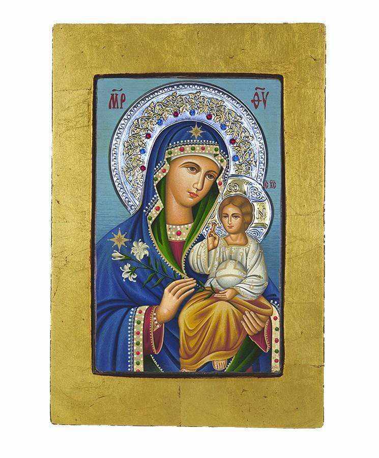 Virgin Mary of Lilies - Old wooden image with silver halo locally gold plated - Mount Athos — additional product image 12 from Christianity Art