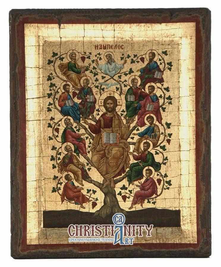 Vineyard - Engraved wooden aged image on canvas with golden background - Mount Athos