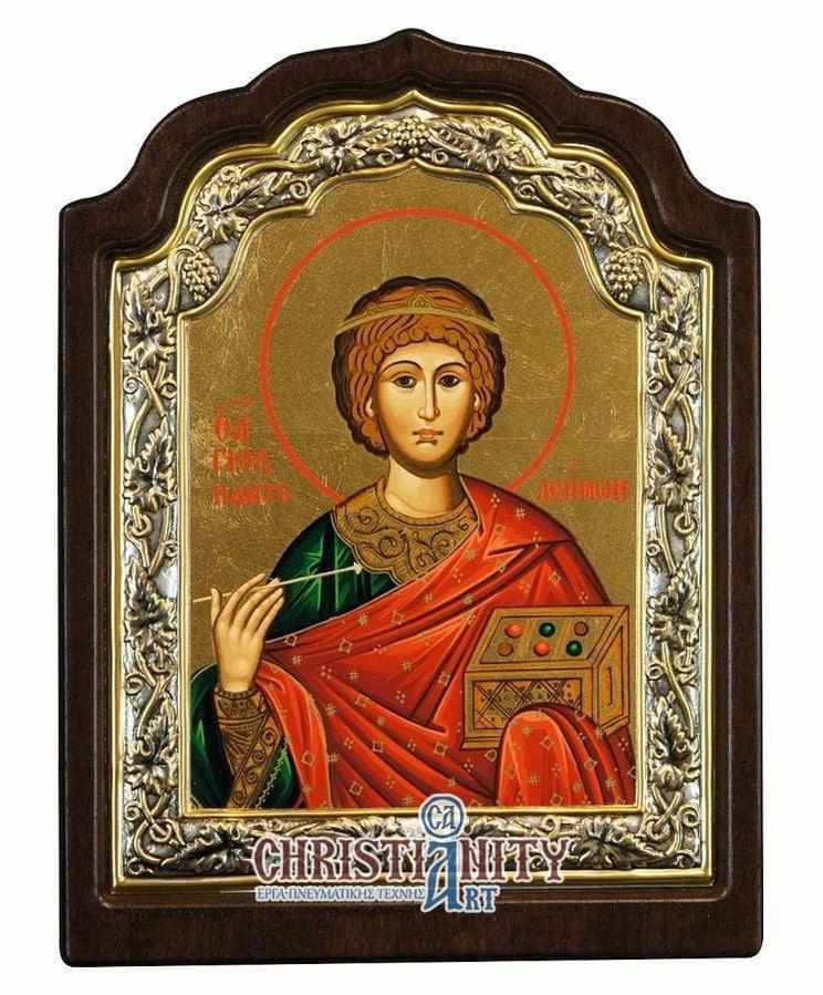 Saint Panteleimons - Silver image on wood, locally gold plated - Mount Athos