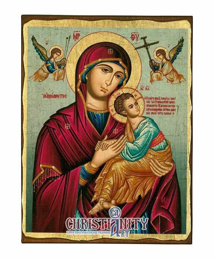 Virgin Mary of Passion - Wooden aged image on canvas with golden background - Mount Athos