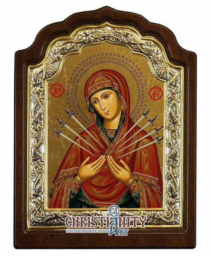 Virgin Mary with 7 Swords - Silver image on wood, locally gilded - Mount Athos