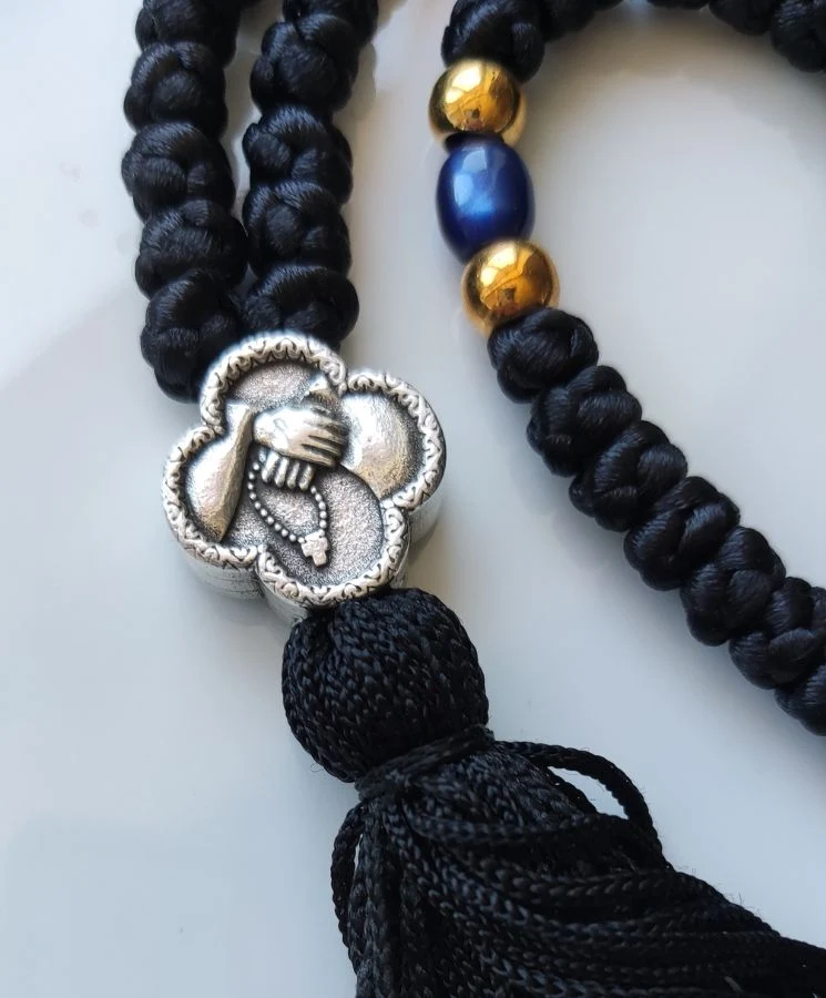 Athonite Waxed Prayer Rope with 100 Knots, Double-Sided Metal Cross & Tassel – Black or Red — additional product image 5 from Christianity Art