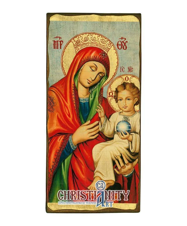 Virgin Mary and Baby - Wooden aged image on canvas with golden background - Mount Athos
