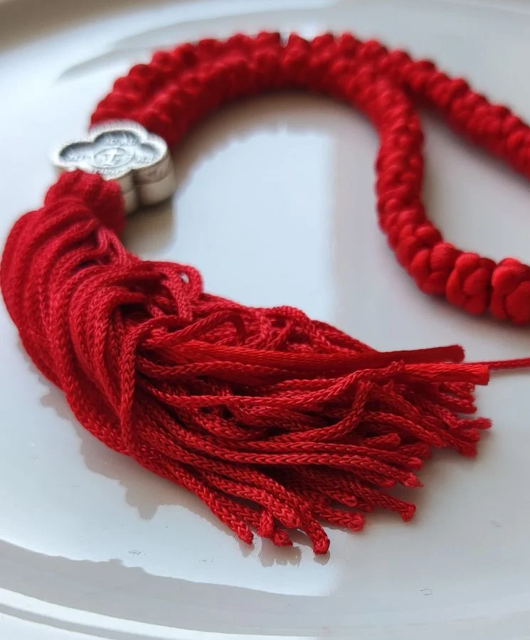 Athonite Waxed Prayer Rope with 50 Knots, Double-Sided Metal Cross & Tassel – Red — additional product image 4 from Christianity Art
