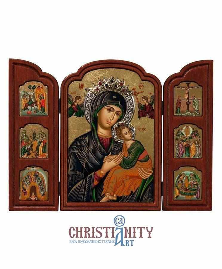 Virgin Mary Permanent Help - Old wooden icon triptych with silver halo locally gold plated - Mount Athos