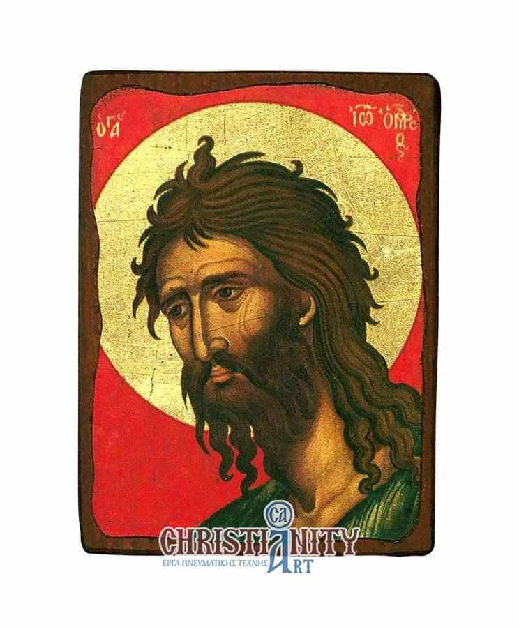 Saint Ioannis the Forerunner - Aged wooden image on canvas with gold background - Mount Athos