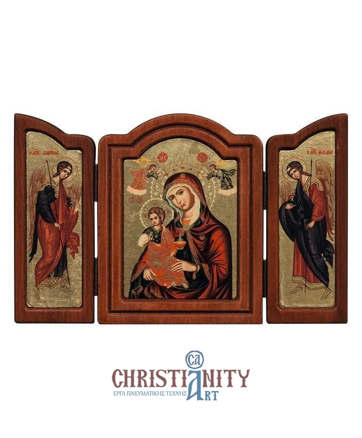 Virgin Mary Babykrateusa - Old wooden image triptych on canvas with golden background - Mount Athos