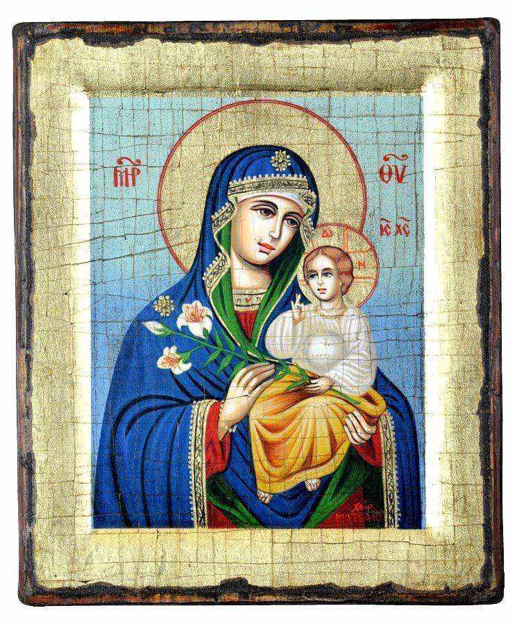 Virgin Mary of Lilies - Handmade icon of hagiography on aged wood - Mount Athos — additional product image 4 from Christianity Art