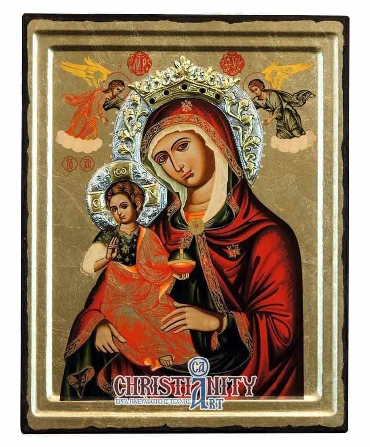 Virgin Mary Babykrateusa - Engraved wooden image with silver halo - Mount Athos