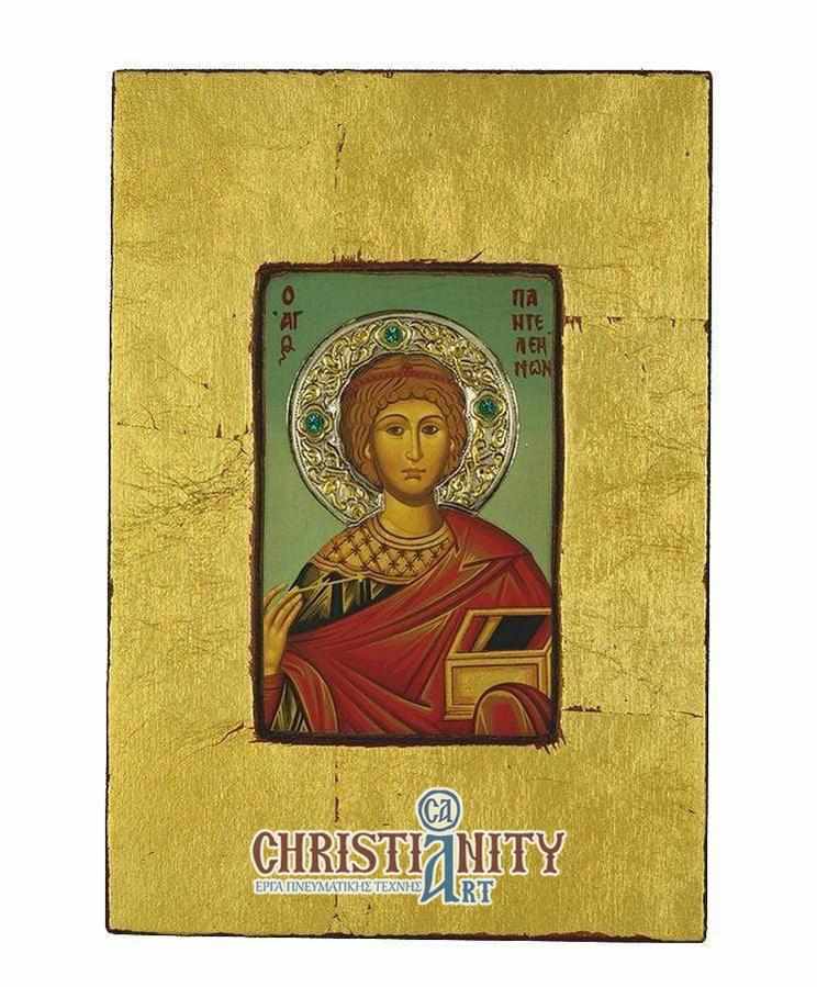 Saint Panteleimon - Old wooden image with silver halo locally gold plated - Mount Athos