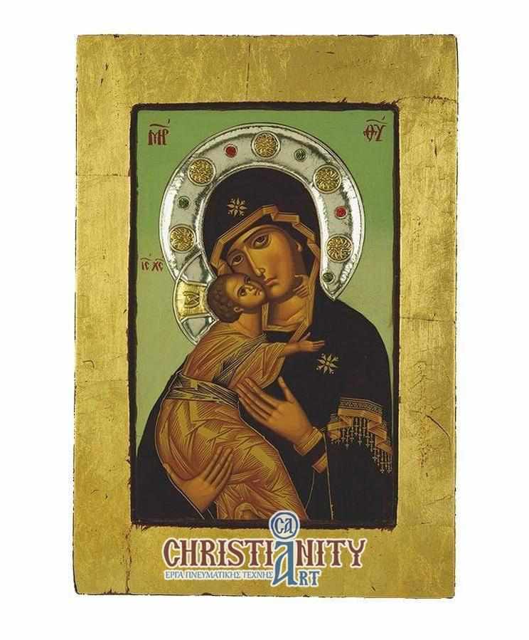 Virgin Mary Vladimir - Old wooden image with silver halo locally gold plated - Mount Athos — additional product image 4 from Christianity Art
