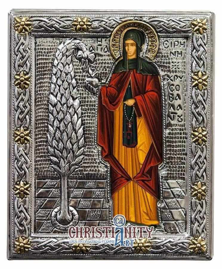 Saint Irini Chrysovalantou - Silver icon on wood, locally gilded - Mount Athos