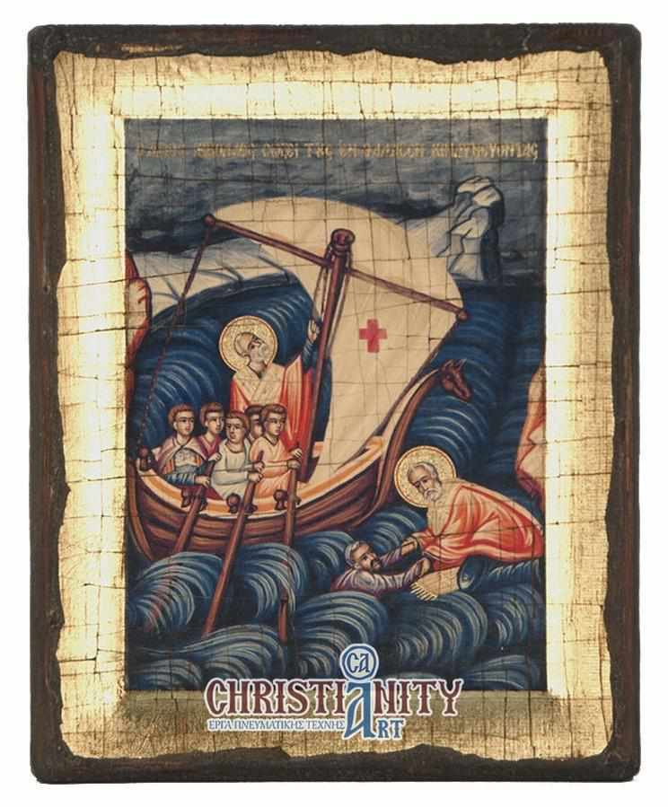 The Miracle of St. Nicholas - Engraved wooden aged image on canvas with golden background - Mount Athos
