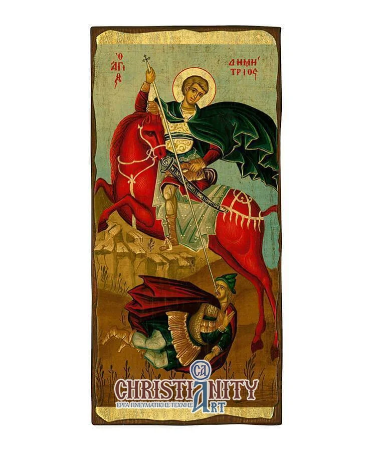 Saint Demetrius - Aged wooden image on canvas with gold background - Mount Athos
