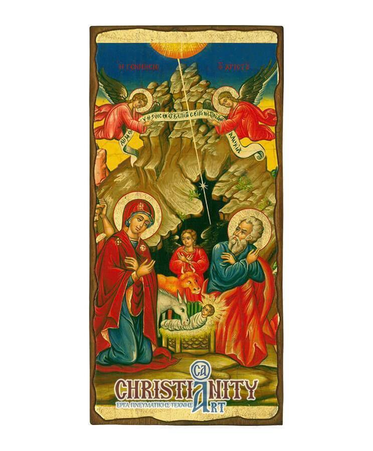 The Birth of Christ - Wooden aged image on canvas with golden background - Mount Athos