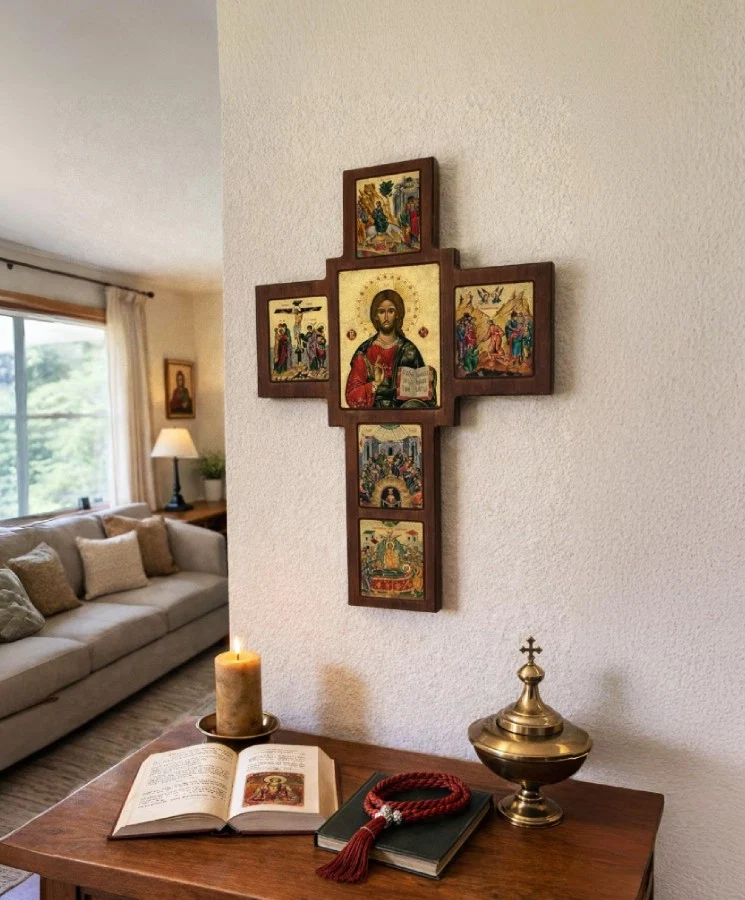 Wooden Cross of Blessing – Christ Almighty with Dodekaortes Images — additional product image 2 from Christianity Art
