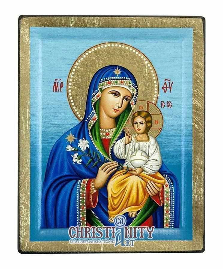 Our Lady of Lilies - Engraved wooden image on canvas with golden background - Mount Athos