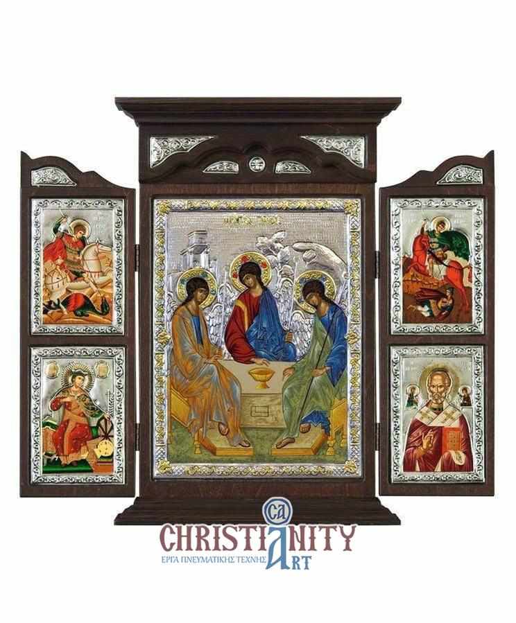 The Holy Trinity - Silver icon triptych in wood, locally gilded - Mount Athos