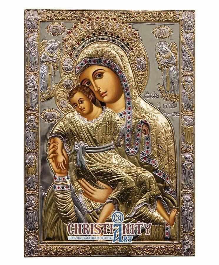 Virgin Mary Theotokos Elousa - Silver image on wood, locally gilded - Mount Athos — additional product image 2 from Christianity Art