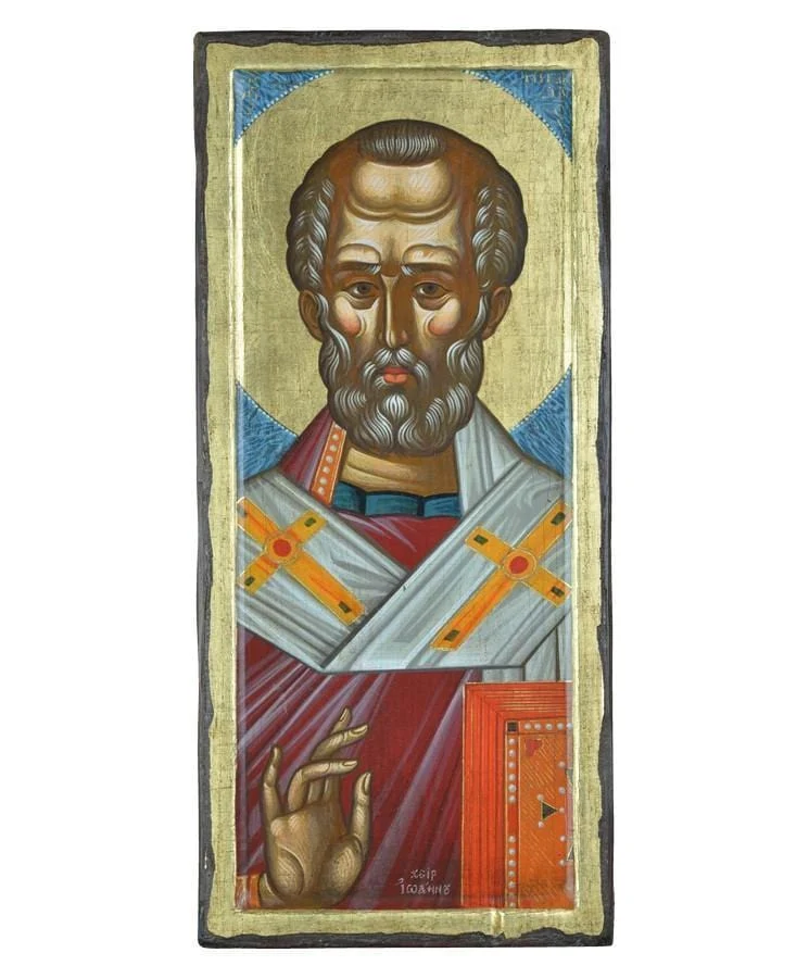 Saint Nikolaos - 100% handmade wooden picture on canvas with gold background - Mount Athos — additional product image 5 from Christianity Art