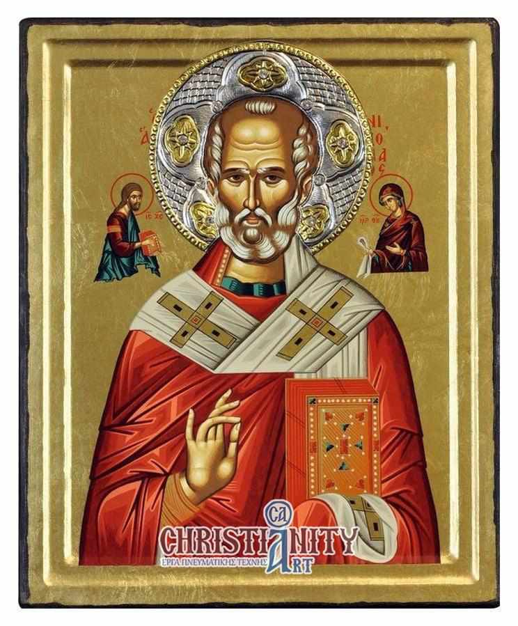 Saint Nikolaos - Engraved wooden image with silver halo - Mount Athos