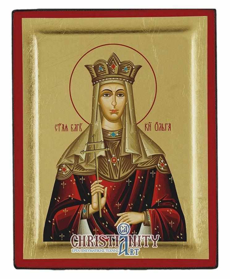 Saint Olga - Excavated wooden image on canvas with gold background - Mount Athos — additional product image 2 from Christianity Art