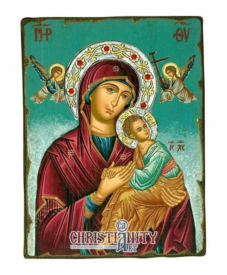 Virgin Mary of Passion - Old wooden image with silver halo locally gold plated - Mount Athos