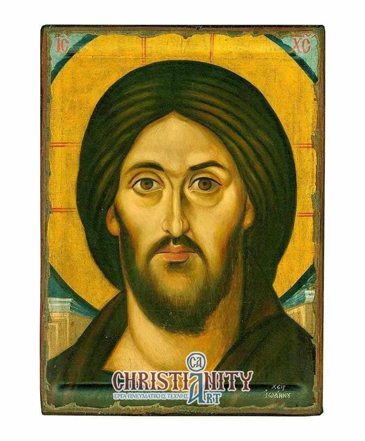 Christ Almighty of Sinai - 100% handmade wooden image on canvas with golden background - Mount Athos