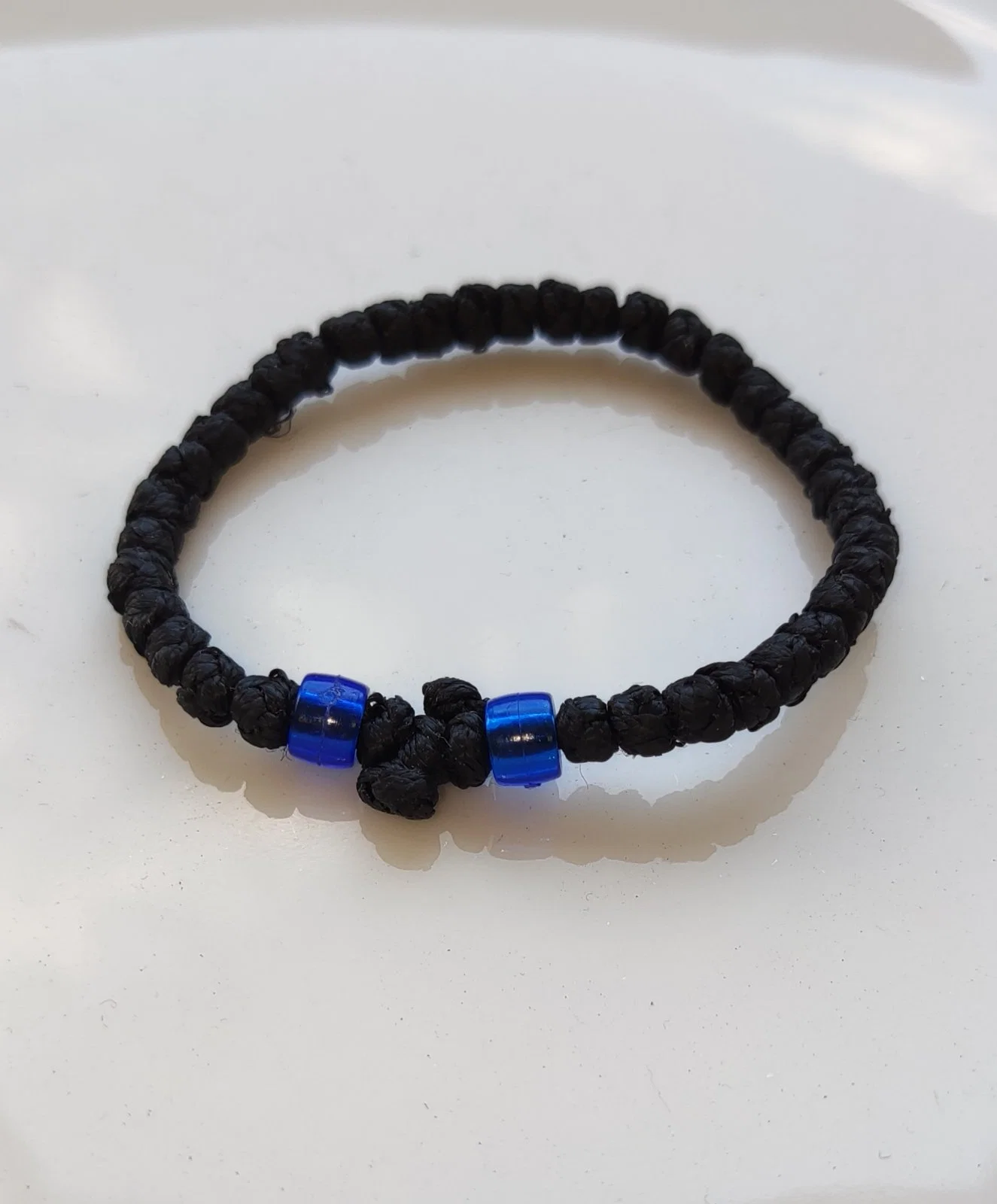 Athonite Waxed Prayer Rope Bracelet with Thick Knots, Cross & Beads – Brown or Blue — additional product image 2 from Christianity Art