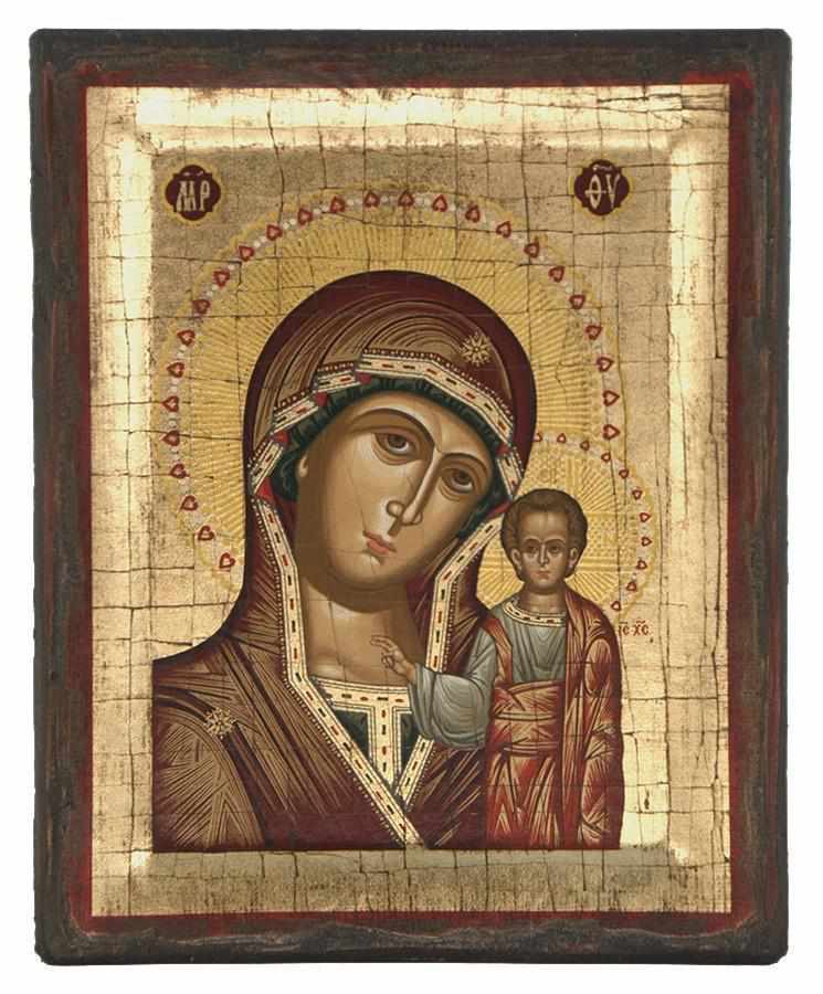 Our Lady of Kazan - Engraved wooden aged image on canvas with golden background - Mount Athos — additional product image 5 from Christianity Art