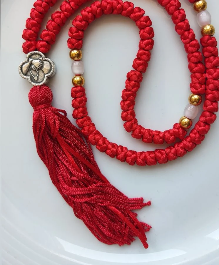 Athonite Waxed Prayer Rope with 100 Knots, Double-Sided Metal Cross & Tassel – Black or Red — additional product image 3 from Christianity Art