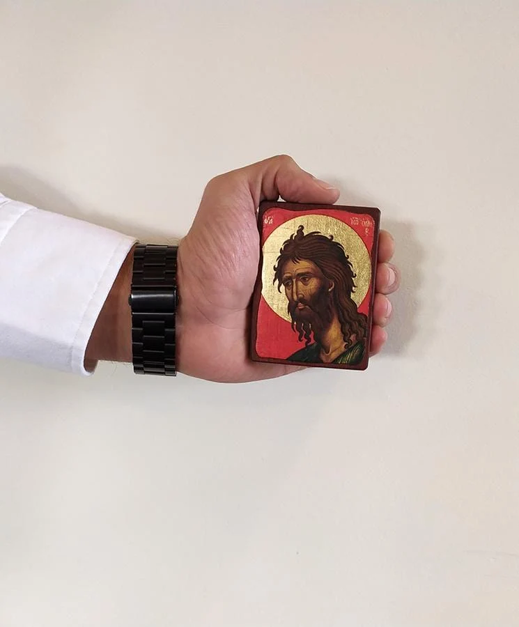 Saint Ioannis the Forerunner - Aged wooden image on canvas with gold background - Mount Athos — additional product image 4 from Christianity Art