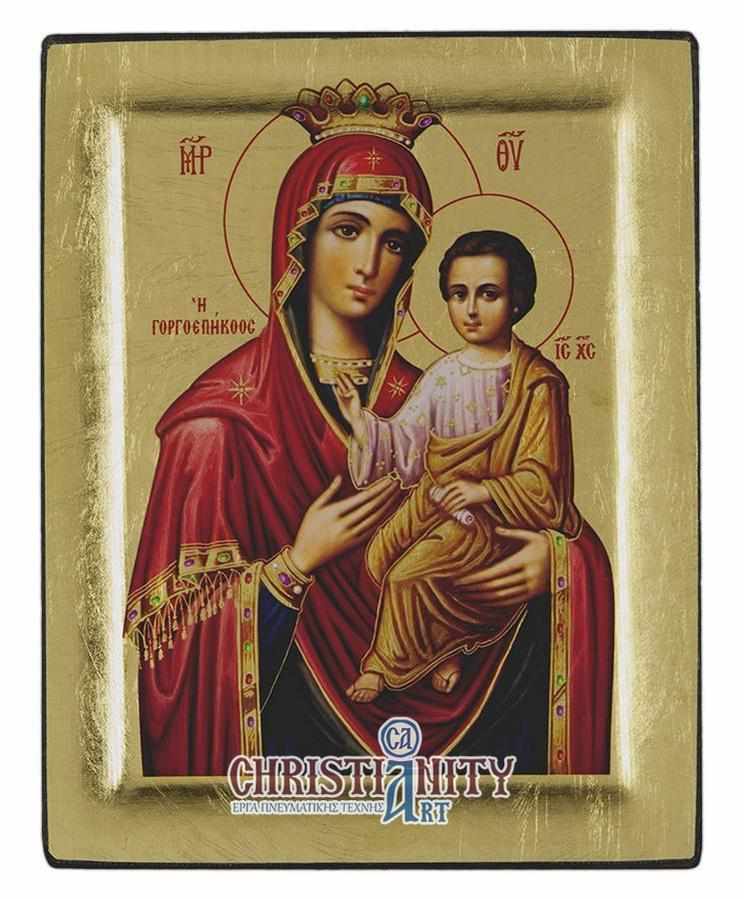 Virgin Mary Gorgoepecikos - Engraved wooden image on canvas with golden background - Mount Athos