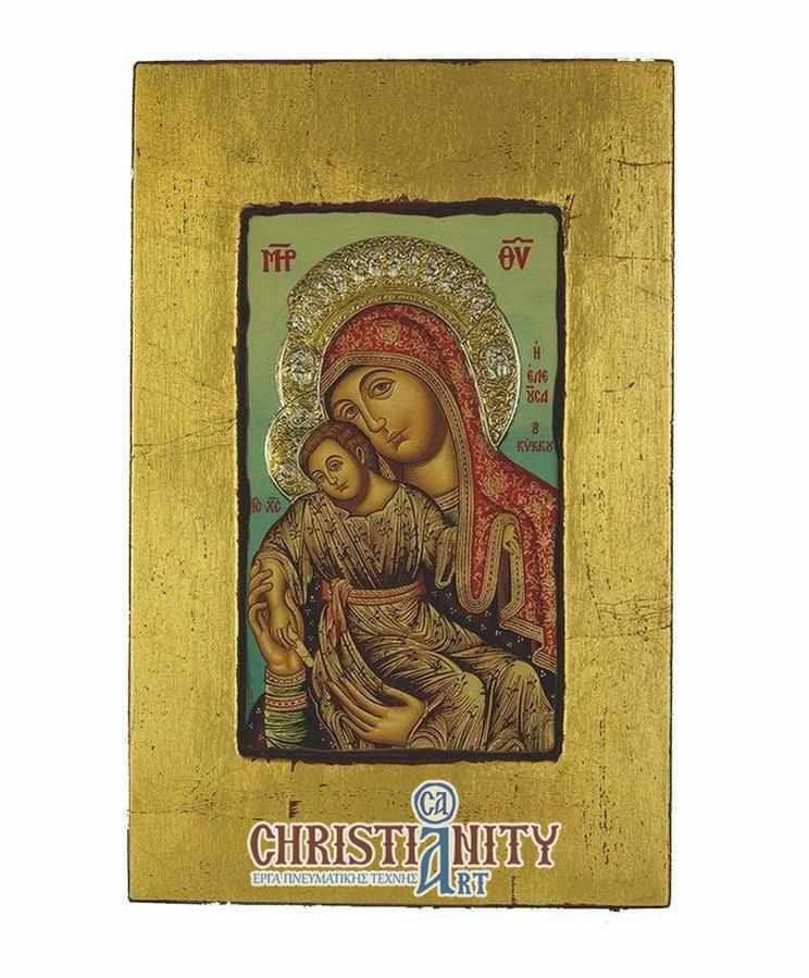 Virgin Mary Theotokos Eleousa - Old wooden icon with silver halo locally gold plated - Mount Athos