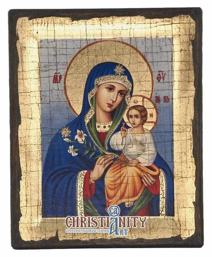 Our Lady of Lilies - Engraved wooden aged image on canvas with golden background - Mount Athos