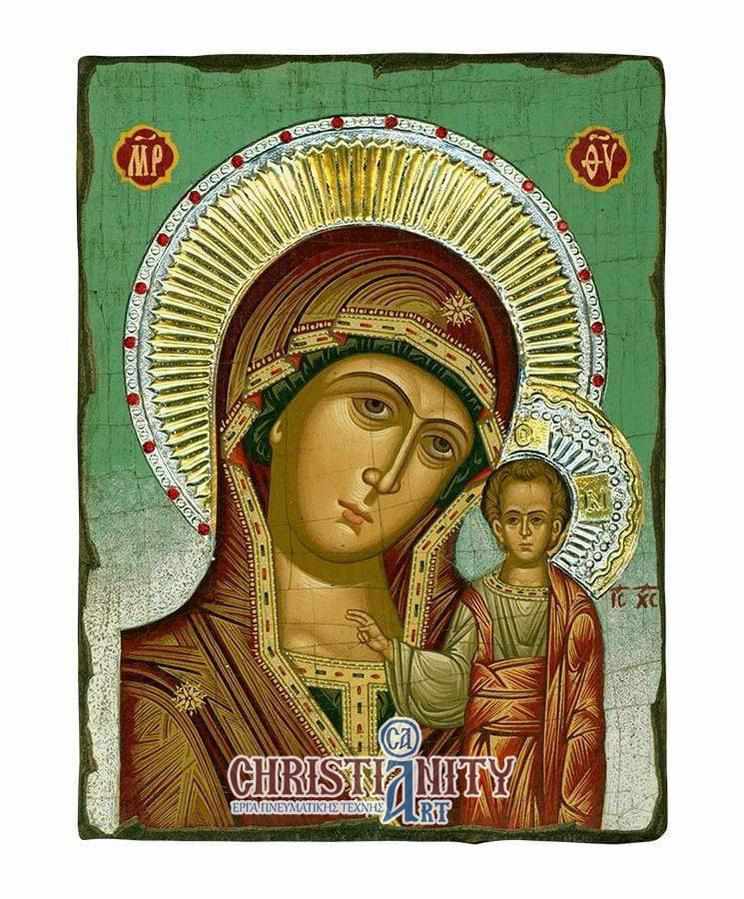 Our Lady of Kazan - Old wooden image with silver halo locally gold plated - Mount Athos