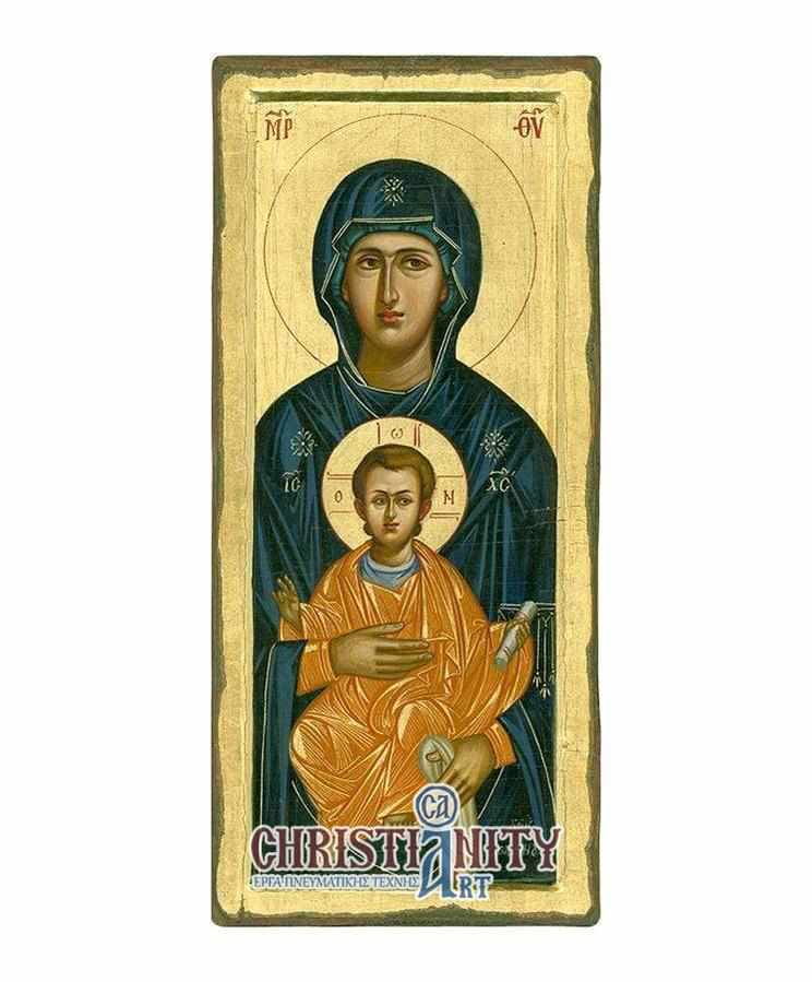 Virgin Mary Platytera - 100% handmade wooden image on canvas with golden background - Mount Athos