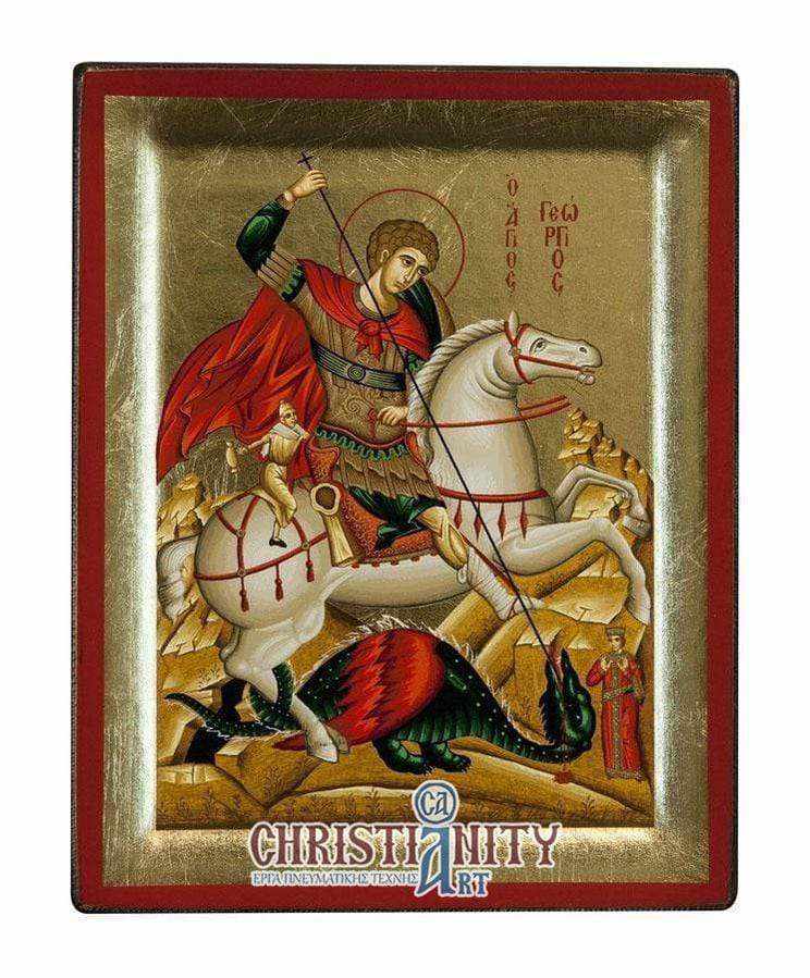 Saint George - Engraved wooden image on canvas with gold background - Mount Athos — additional product image 2 from Christianity Art