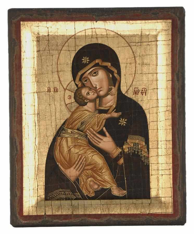 Virgin Mary Vladimir - Engraved wooden aged image on canvas with golden background - Mount Athos — additional product image 5 from Christianity Art