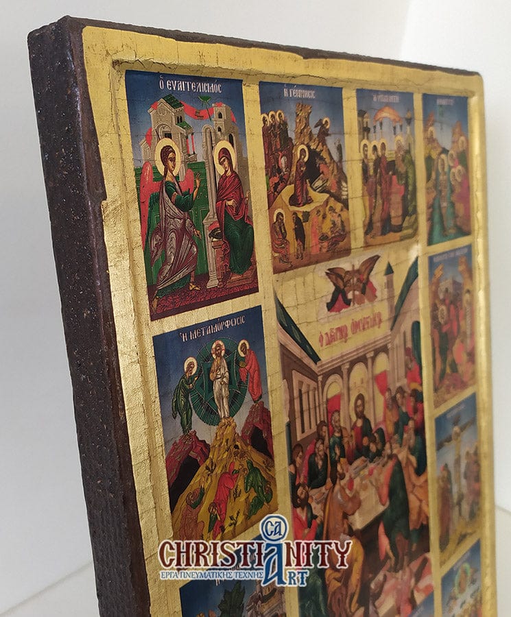 Composition of Dodekaortos icons - Engraved wooden image on canvas with golden background - Mount Athos — additional product image 6 from Christianity Art