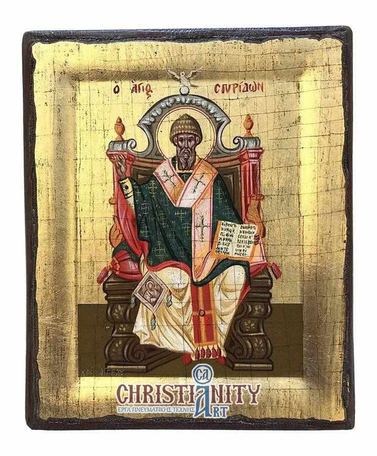 Saint Spyridon - Handmade icon of hagiography on aged wood - Mount Athos