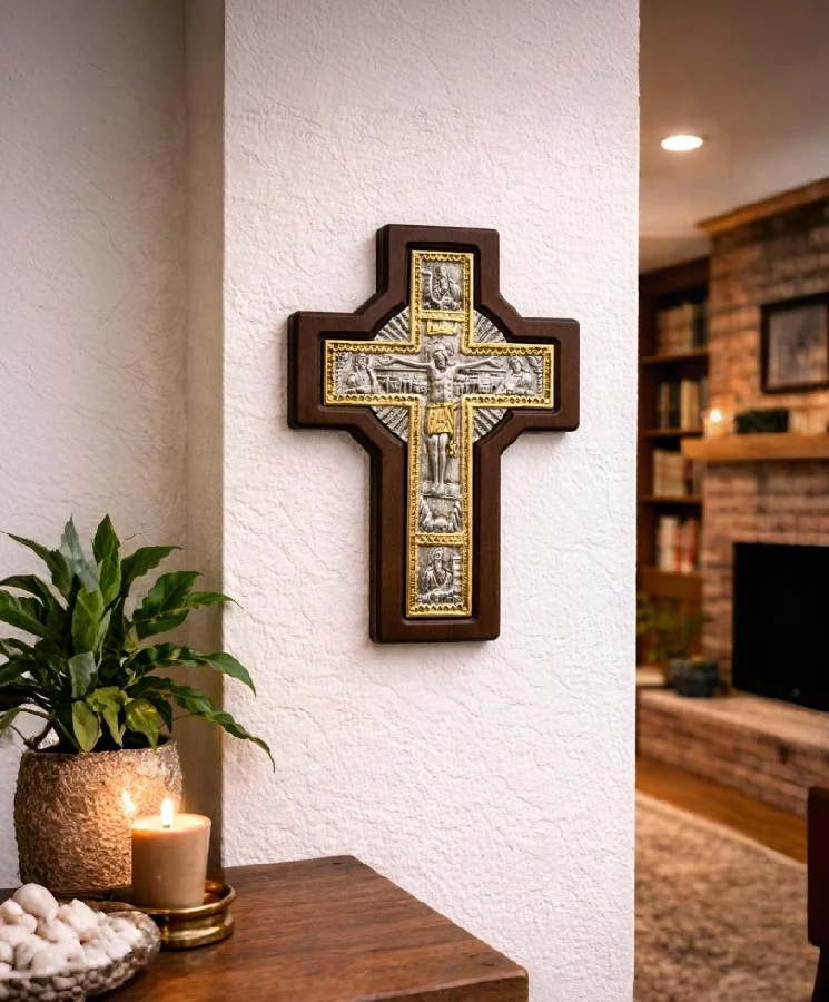 Saint Cross – Silver Orthodox Cross Blessing with Gold Details in Wooden Framework — additional product image 2 from Christianity Art